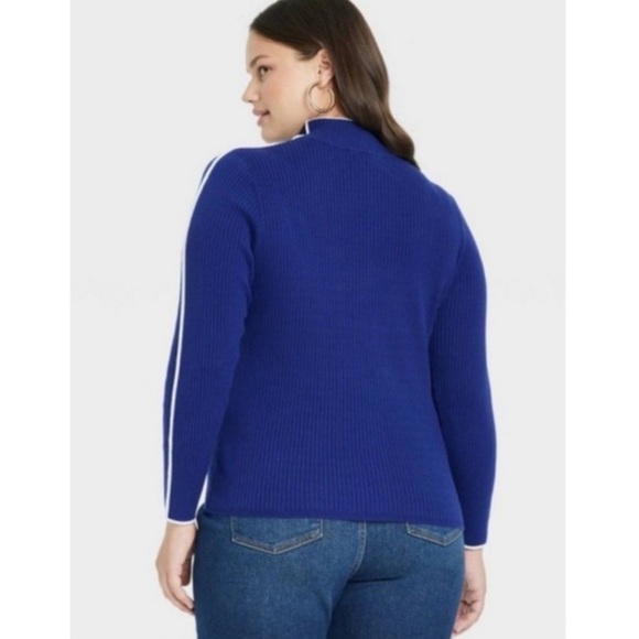 Ava & Viv Mock Neck Knit Pullover Quarter Zip Sweater Blue + Piping - Picture 2 of 5